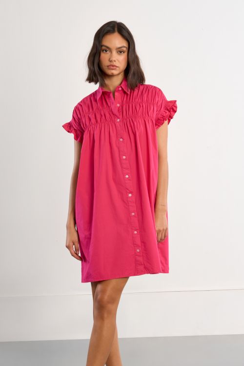 Robe chemise en coton, smockée