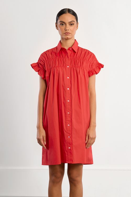 Robe chemise en coton, smockée