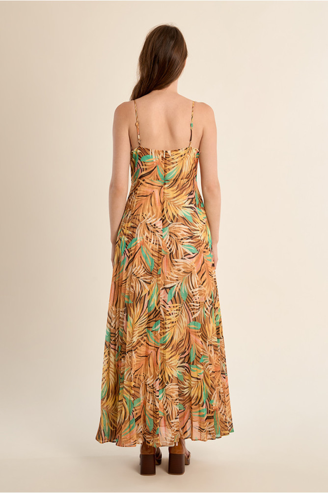 Robe longue plissée, imprimée