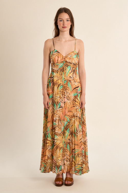 Robe longue plissée, imprimée
