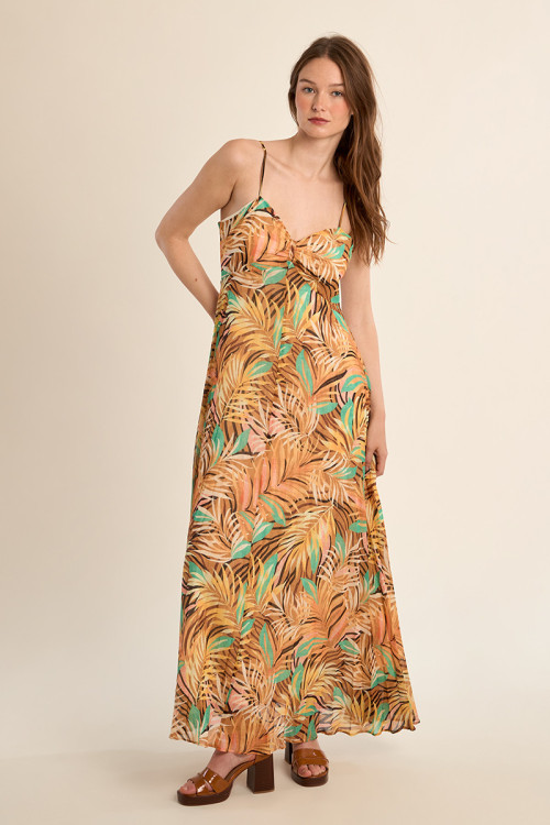 Robe longue plissée, imprimée