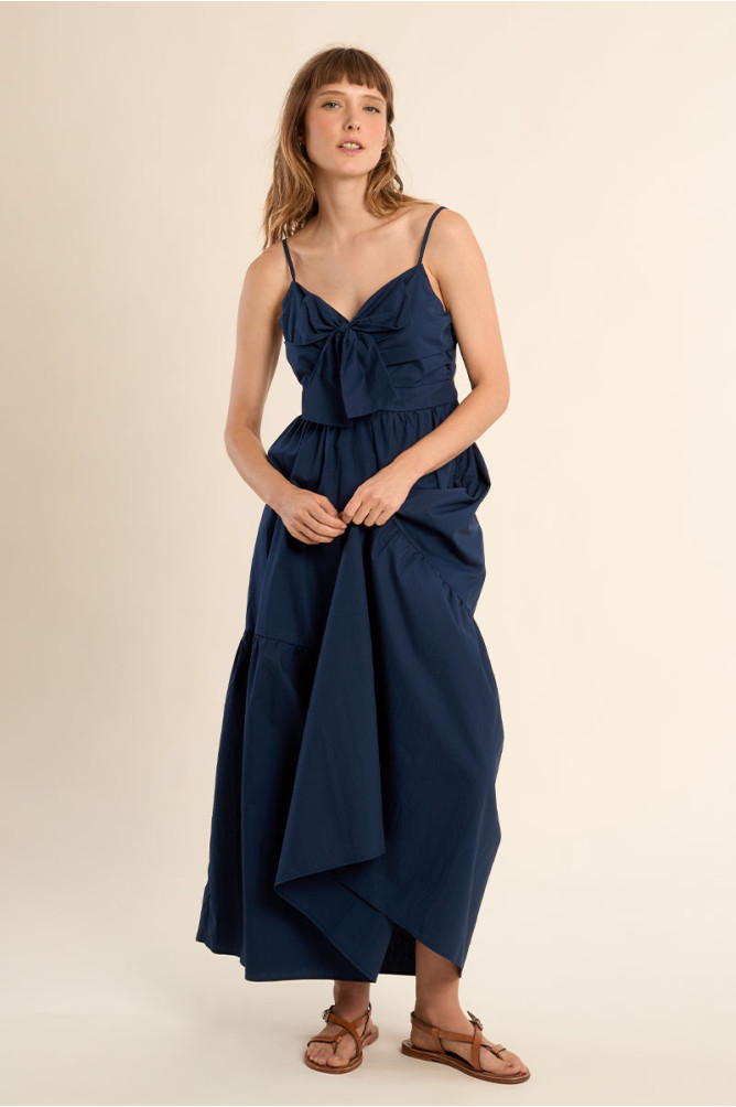 Robe longue en coton, bustier noué
