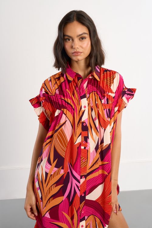Robe chemise en coton, smockée