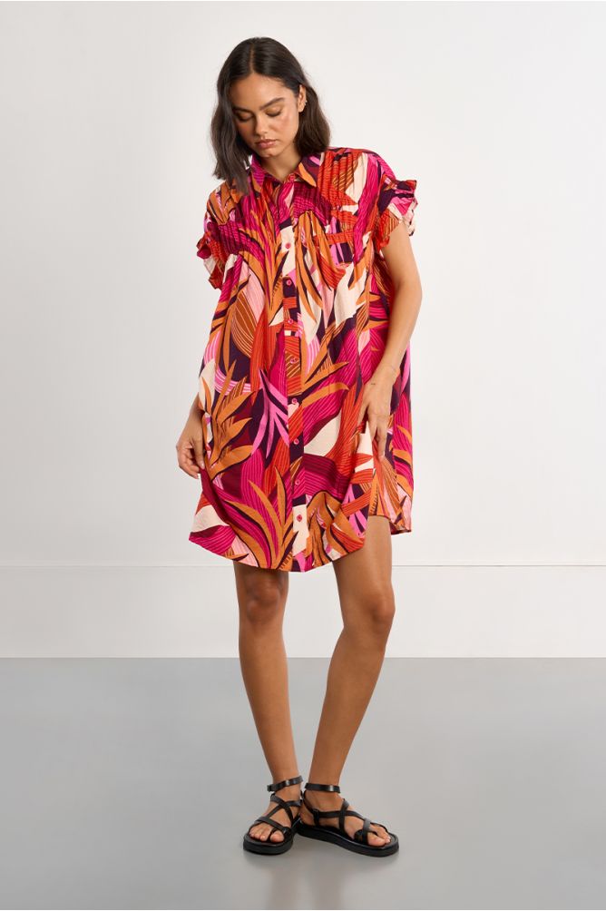 Robe chemise en coton, smockée