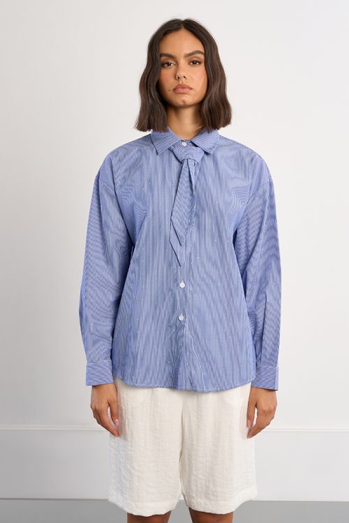 Oversized striped and rhinestone shirt with tie