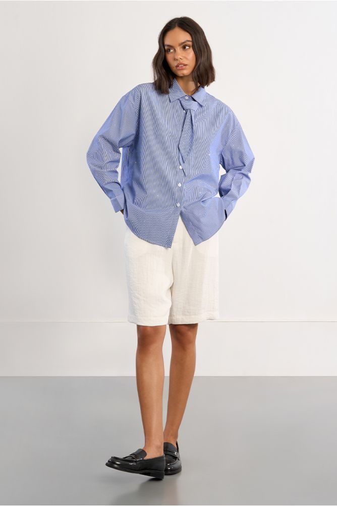 Oversized striped and rhinestone shirt with tie