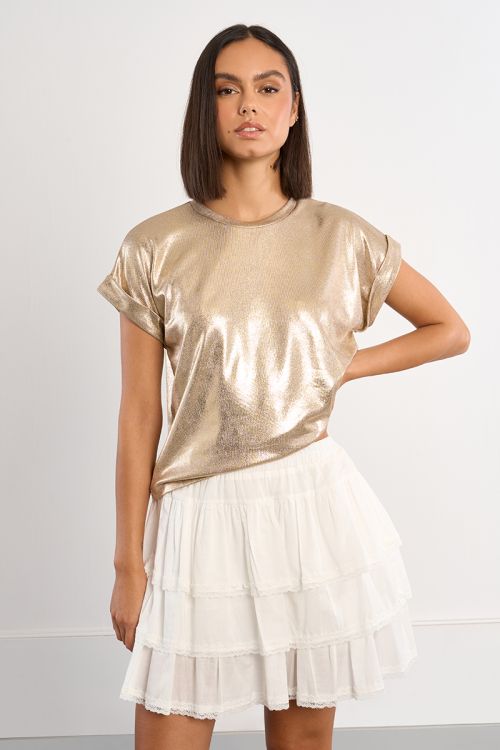 Camiseta demujer de manga corta, en tejido dorado.