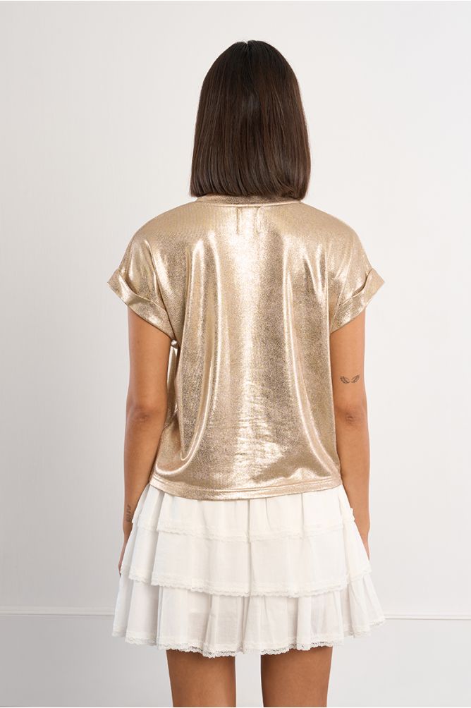 Camiseta demujer de manga corta, en tejido dorado.