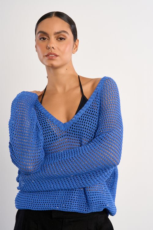V-neck sweater, studded with rhinestones
