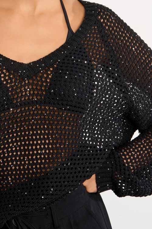 V-neck sweater, studded with rhinestones
