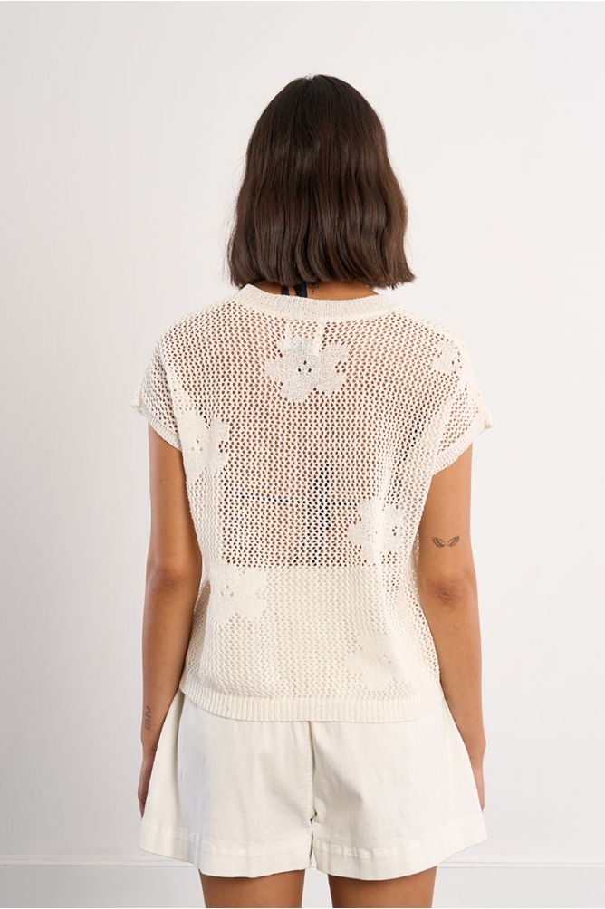 Jersey de mujer de manga corta, detalle flores.