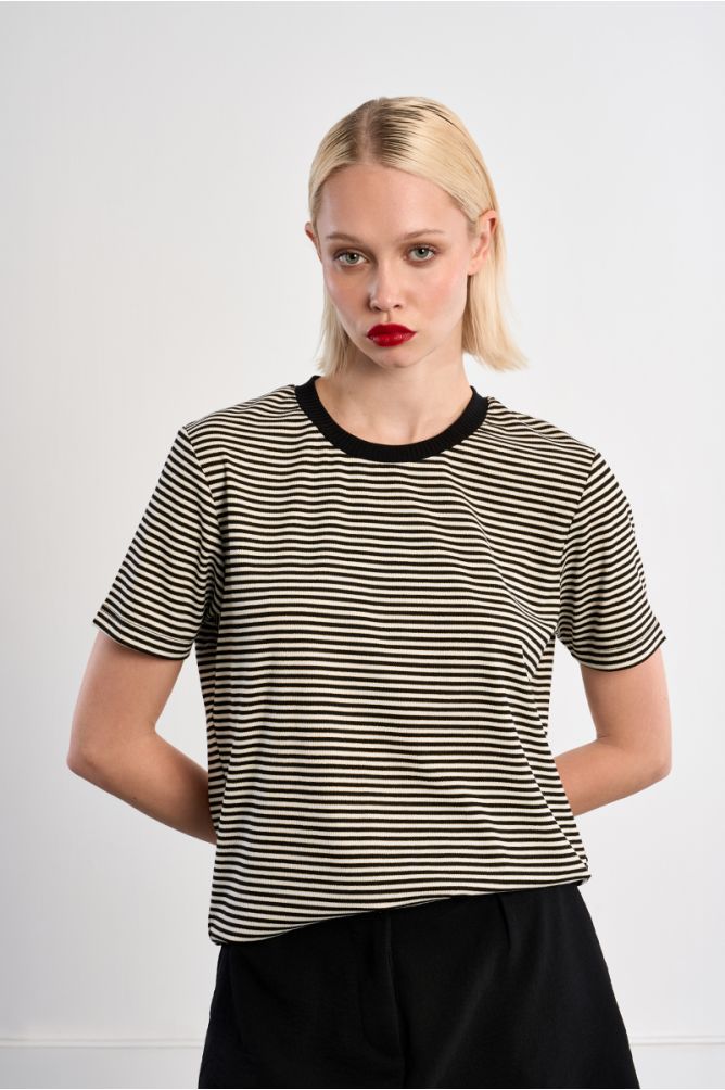 Black striped T-shirt with sweetheart opening