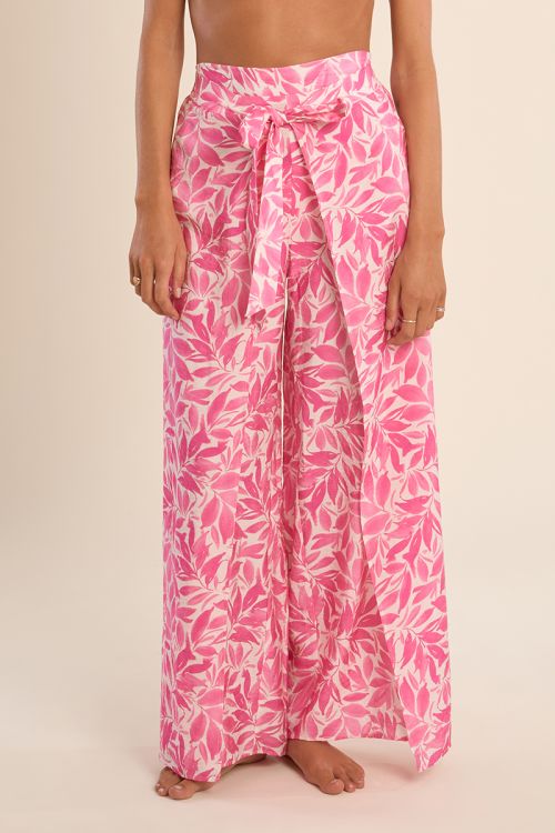 Pantalón de mujer largo, con estampado y lazada.
