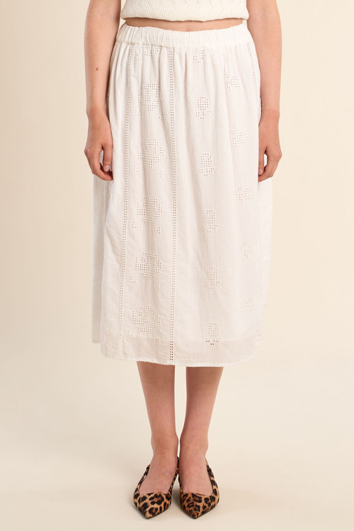 Jupe mi-longue en coton, broderies ajourées