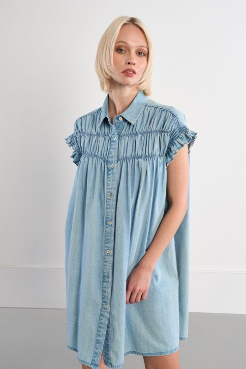 Cotton smocked dress with a denim effect
