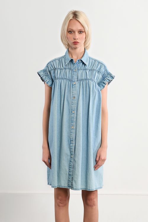 Robe smockée en coton, effet denim