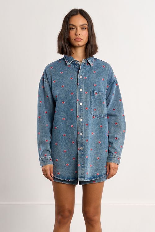 Cotton overshirt with embroidered multi-hearts