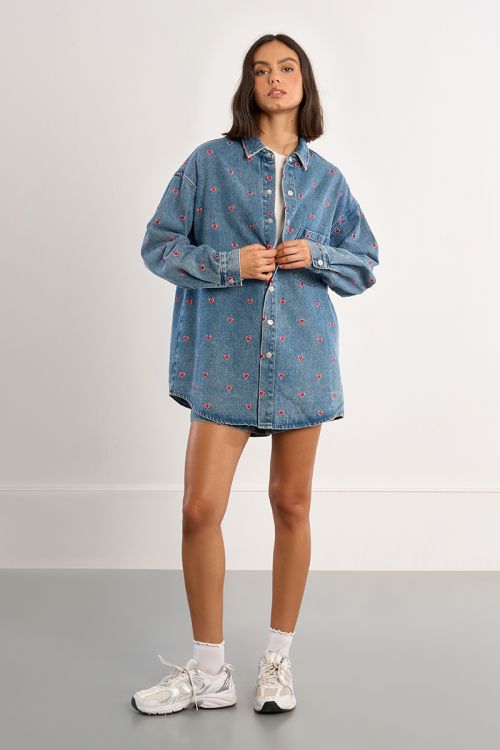 Cotton overshirt with embroidered multi-hearts