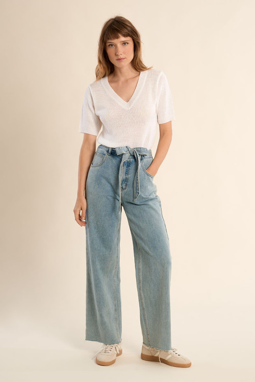 Pantalón de mujer vaquero, con lazada.