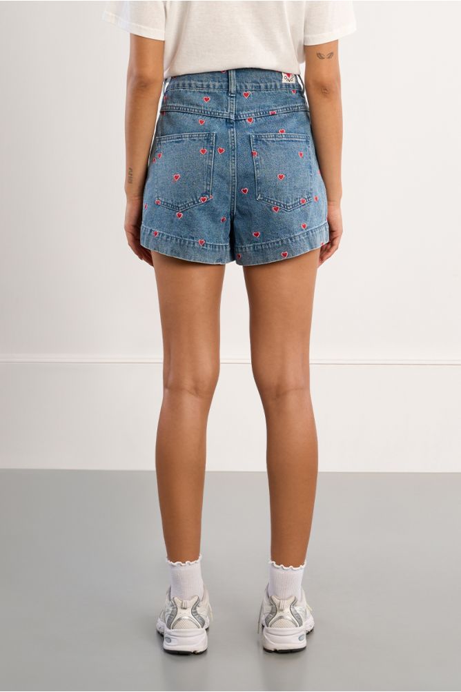 Cotton denim shorts with embroidered multi-hearts