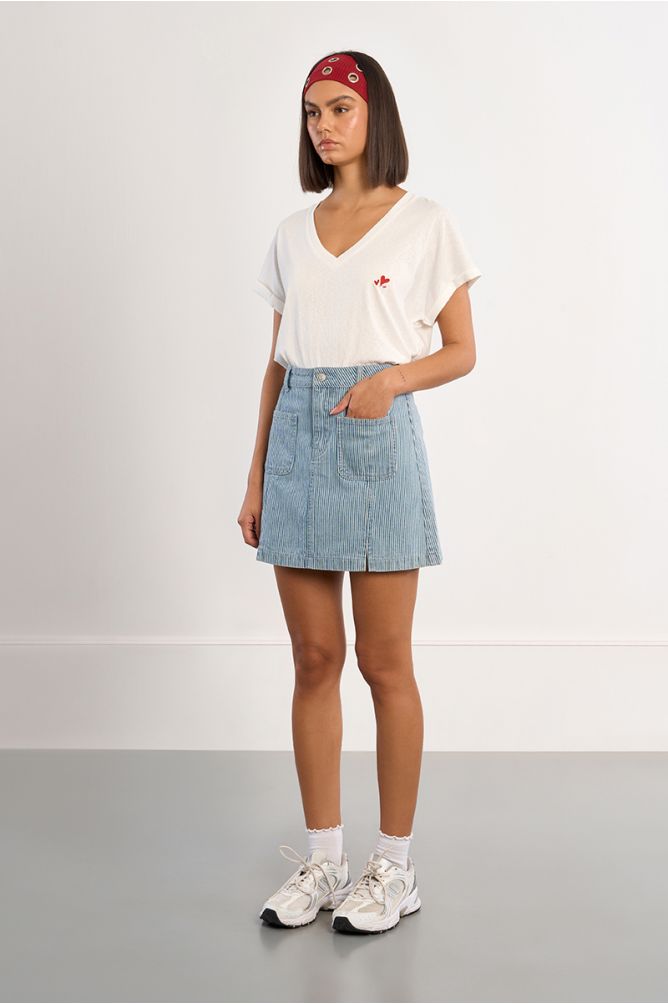 Striped denim mini skirt