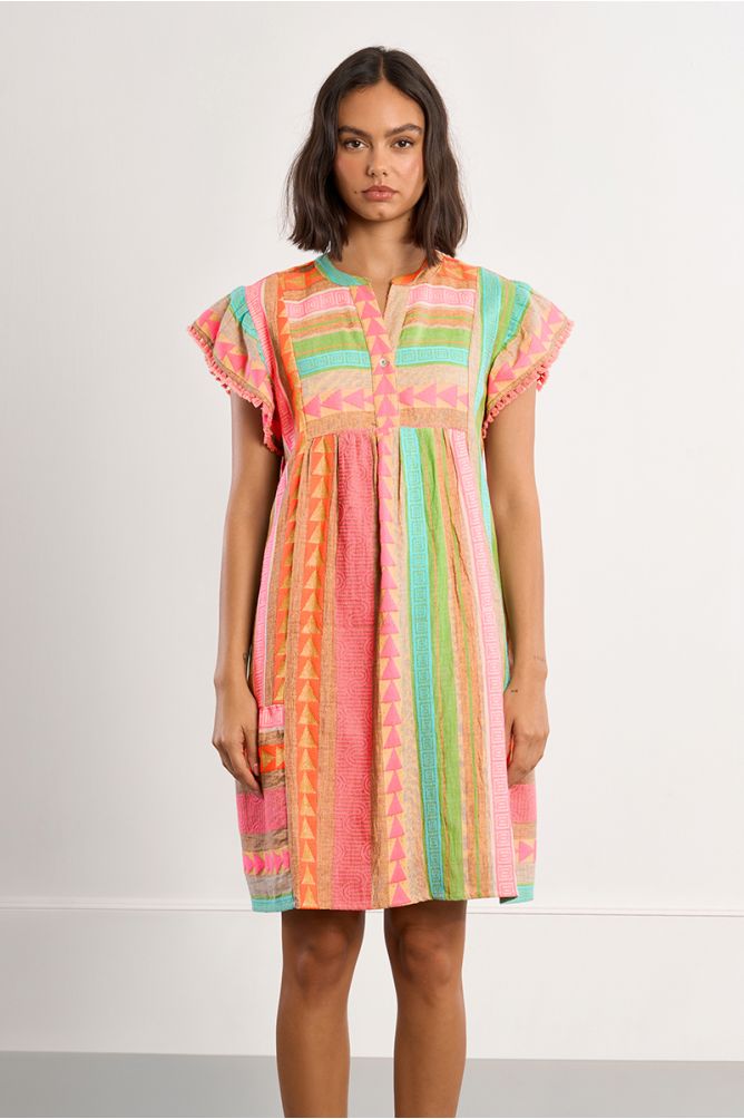 Short-sleeved dress with multicoloured print