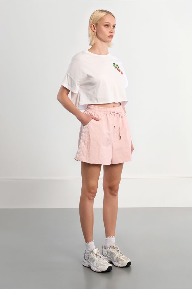 Nylon and lace track shorts