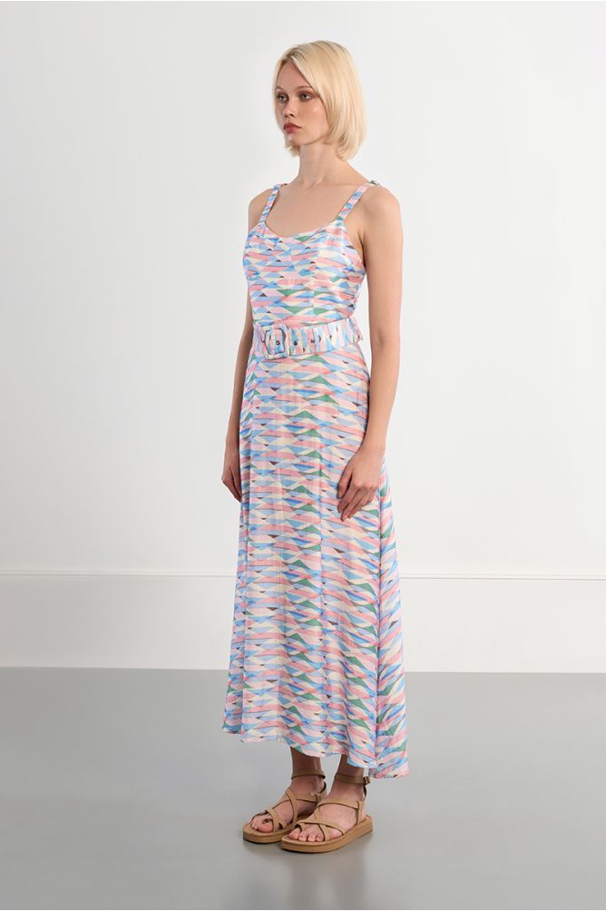 Belted maxi dress with geometric print