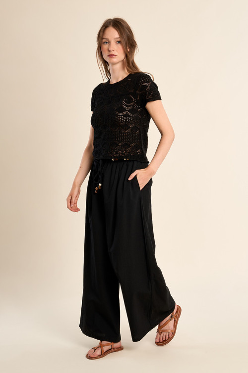 Wide pants, beaded drawstrings