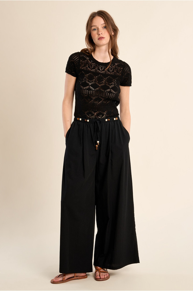Wide pants, beaded drawstrings