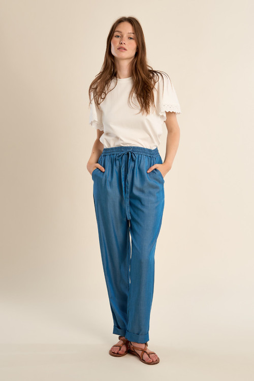 Pantalón de mujer largo, efecto vaquero.
