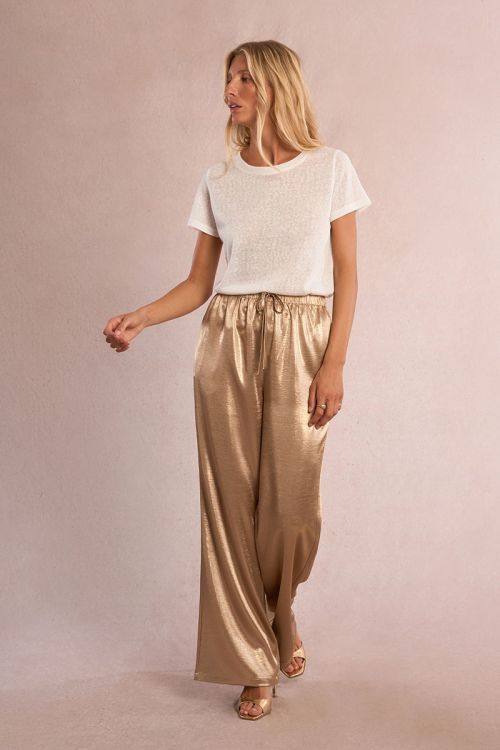 Pantalón de mujer largo, satinado, perneras rectas.