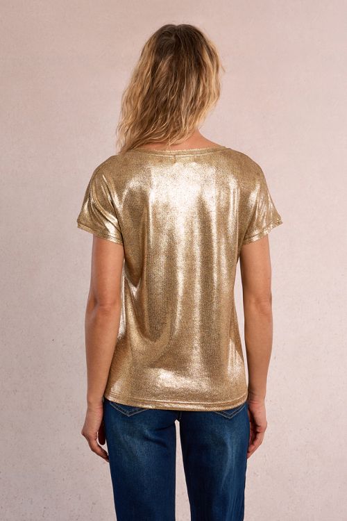 Camiseta de mujer de manga corta, en tejido metalizado.