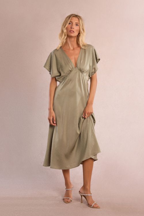 Long satin dress with rhinestones