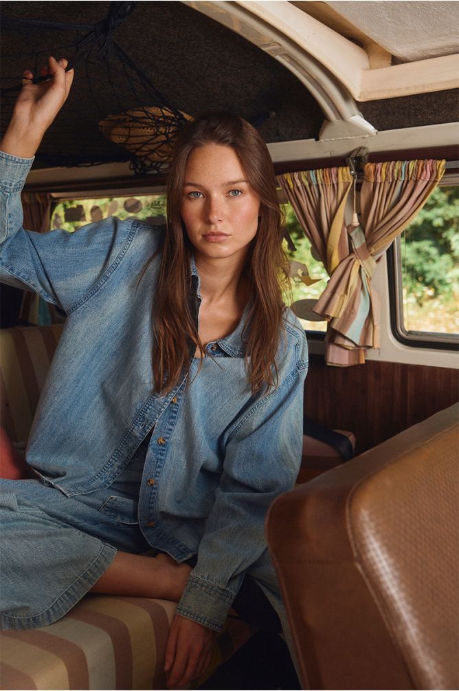 Denim shirt with bead detailing.