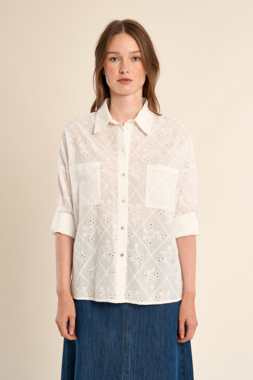 Camisa de mujer de manga larga, flores bordadas.