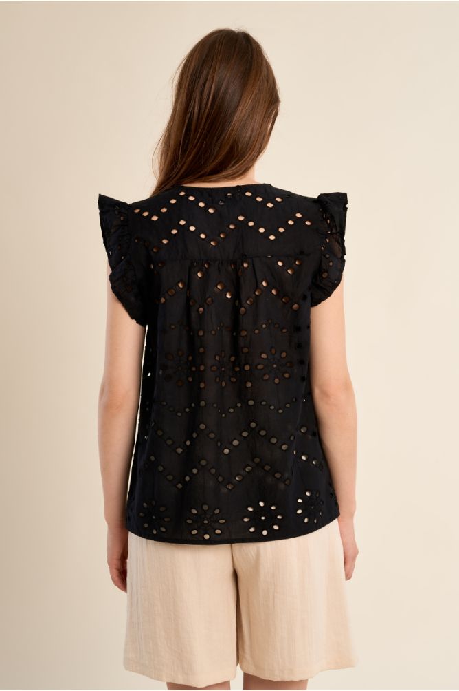 Top en coton, broderies ajourées
