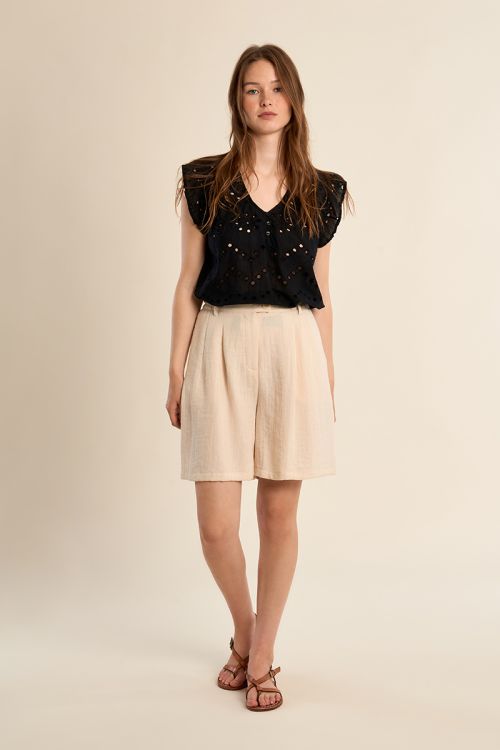 Cotton top, openwork embroidery
