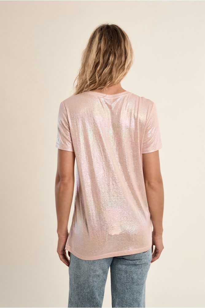 Camiseta de mujer de manga corta, en tejido brillante.
