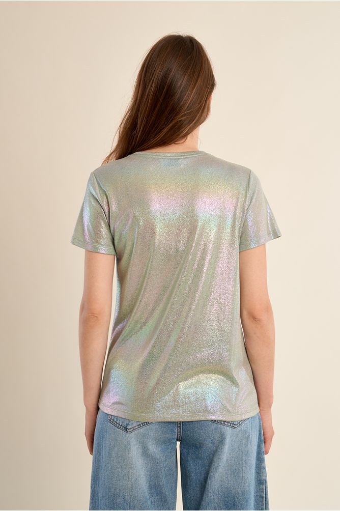 Camiseta de mujer de manga corta, en tejido brillante.