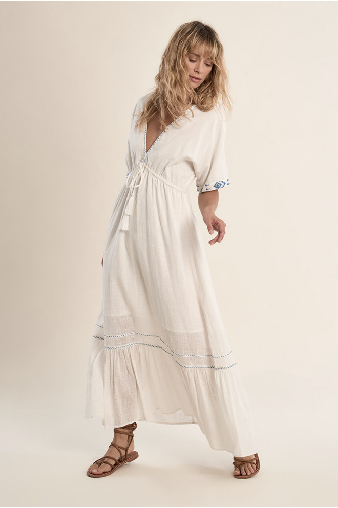 Long cotton dress, with embroidery