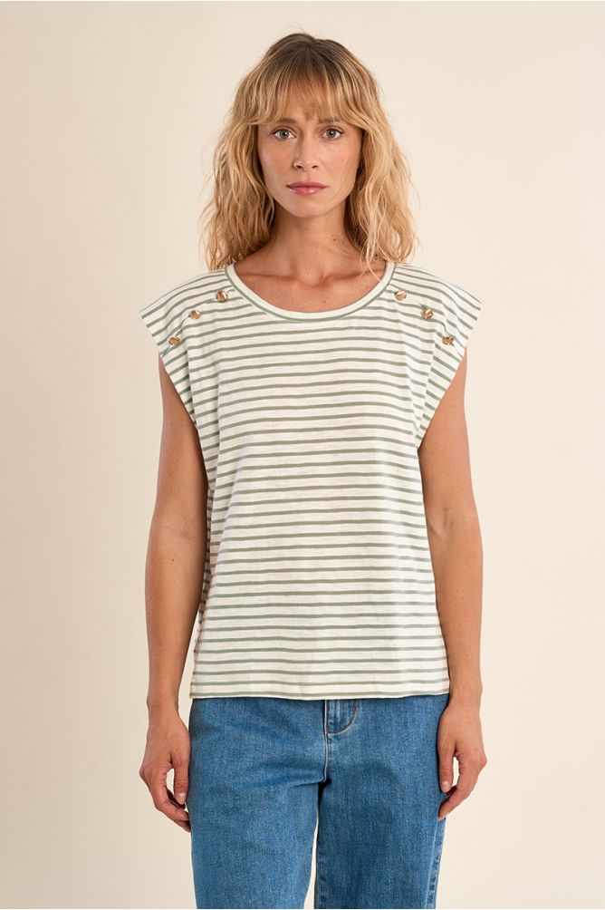 Camiseta de mujer de manga corta, estampado rayas.