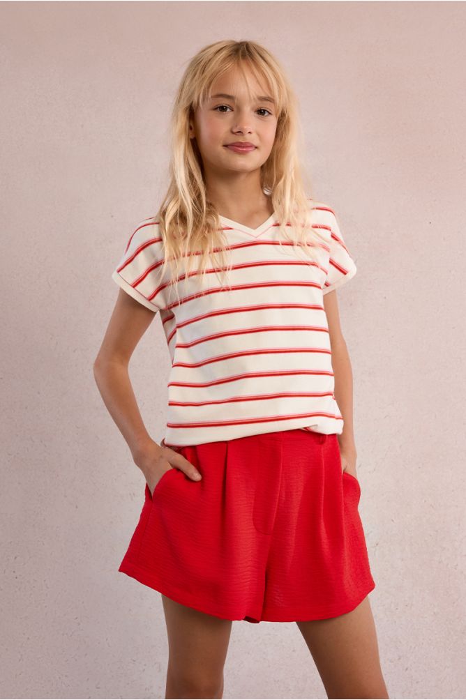 Camiseta de niña de manga corta, estampado rayas.