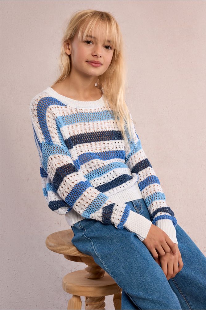 Striped sweater, openwork knit