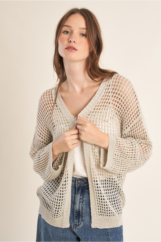 Iridescent and semi-transparent knit cardigan
