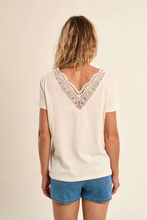 Camiseta de mujer de manga corta, detalle de encaje.