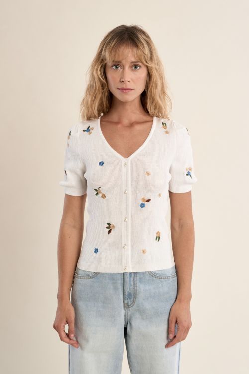 Jersey de mujer de manga corta, detalle flores.
