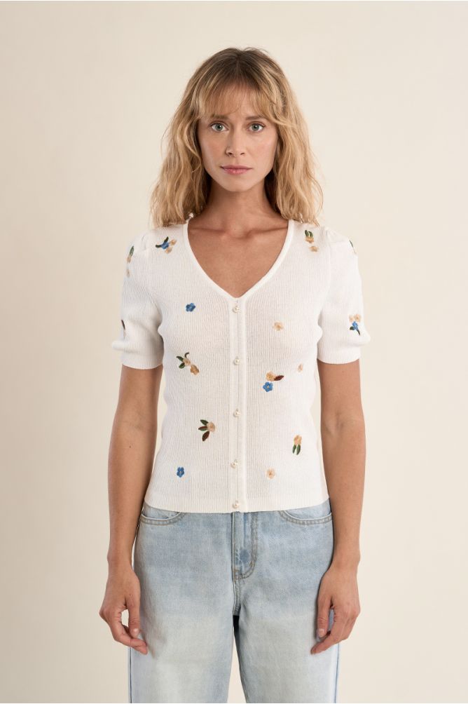 Jersey de mujer de manga corta, detalle flores.