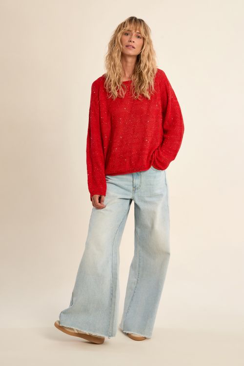 Pull en maille ajourée, parsemé de strass