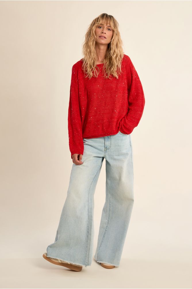 Openwork knit sweater, sprinkled with rhinestones